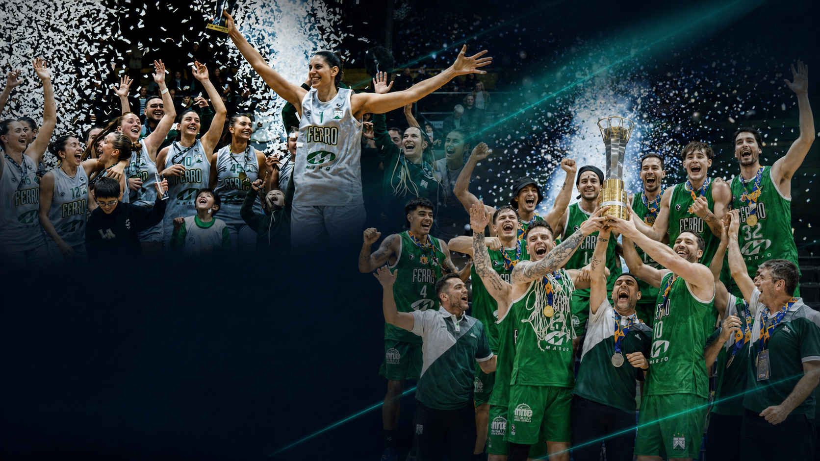 Planteles femenino y masculino de Ferro Básquet celebrando sus campeonatos